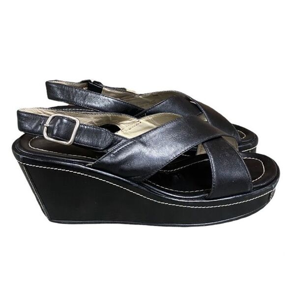Coach Black Italian Charlyn Wedge Sandal Size 8.5 - Picture 1 of 11